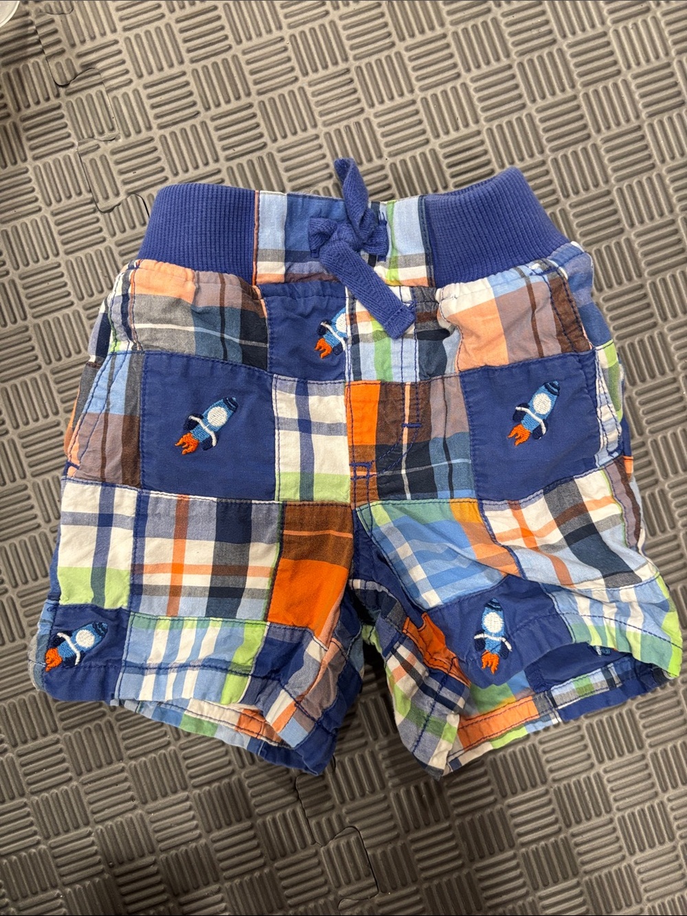 Gymboree Plaid Rocket Patch Toddler Shorts - Navy, Orange, Green